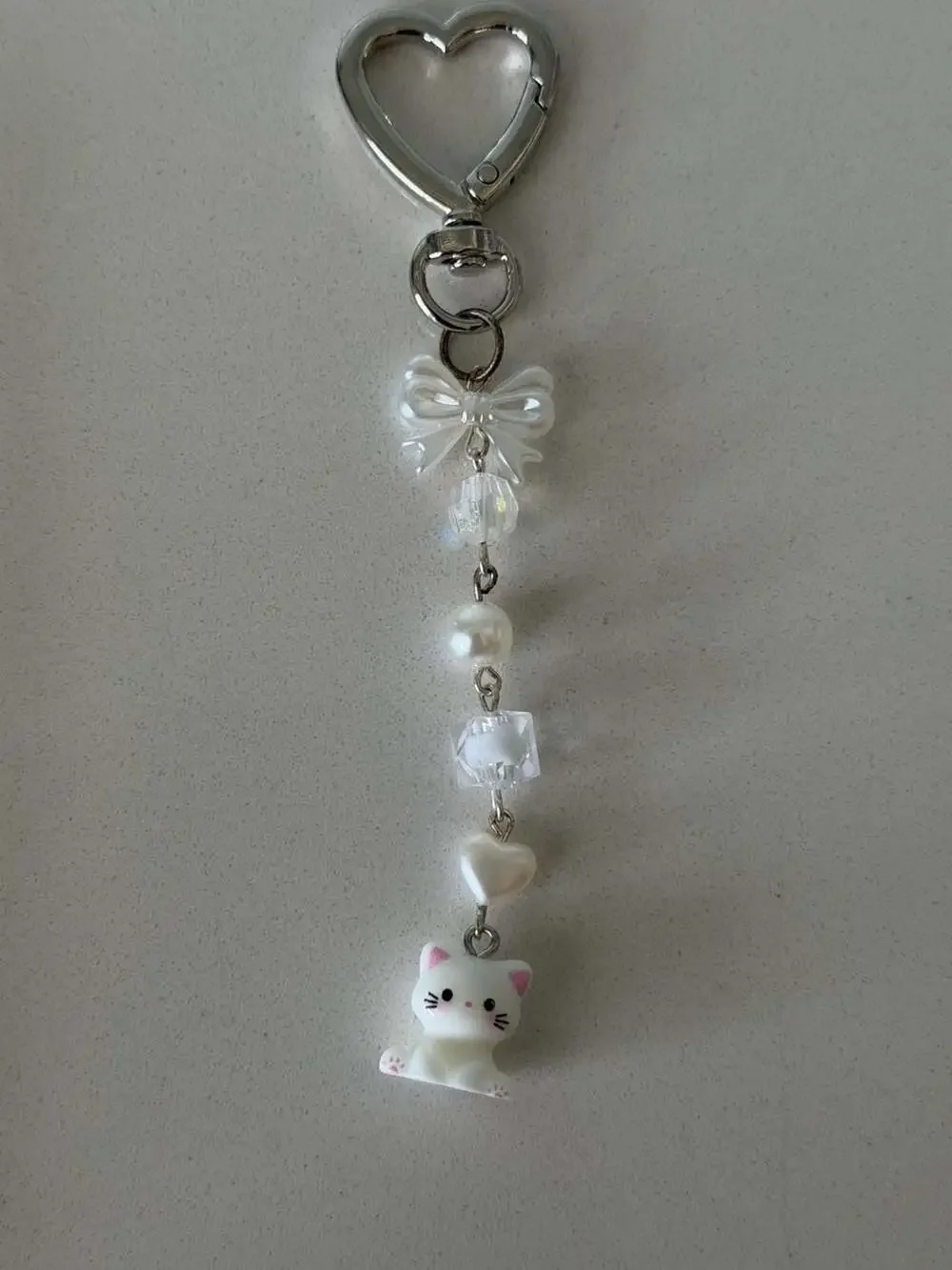 Coquette Style White Cat Beaded Keychain with Bow and Heart Charm